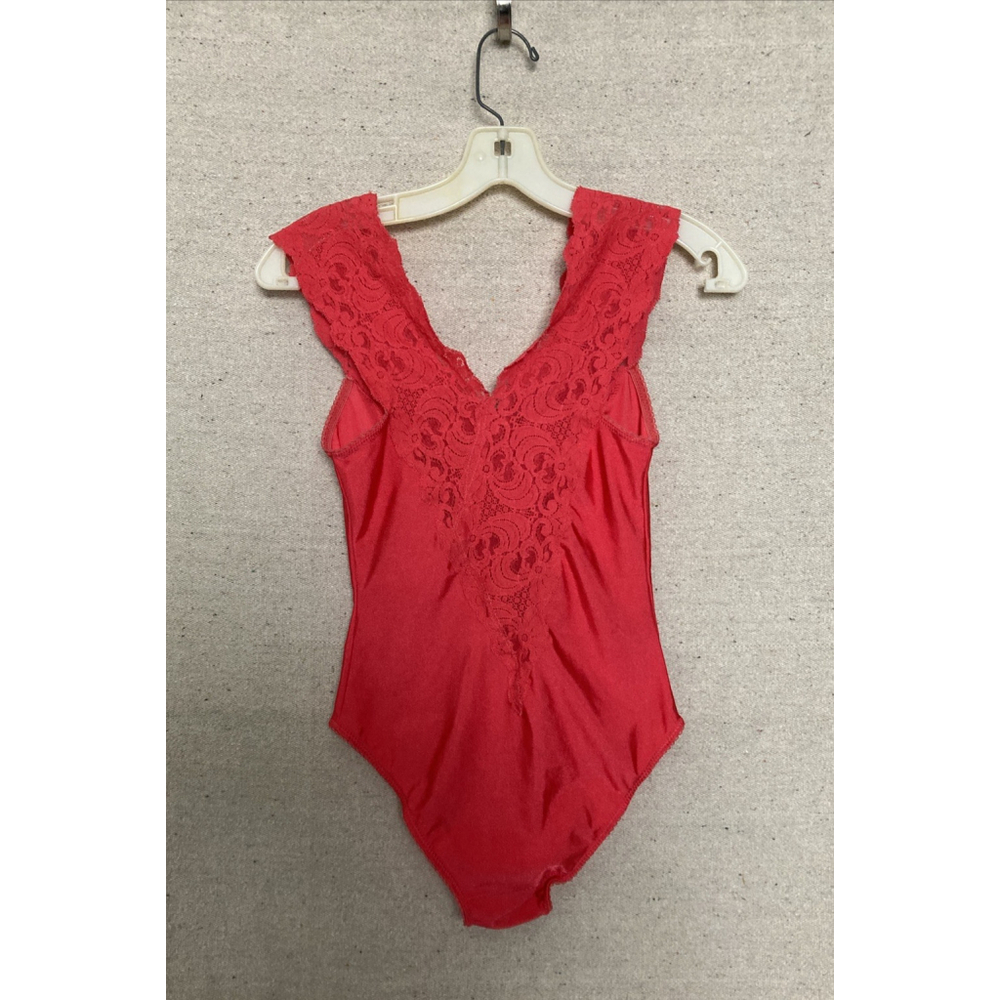 Vintage 70s Red Shiny Satin Second Skin Teddy Deep-V Lace Trim Straps Bodysuit S - Picture 7 of 10